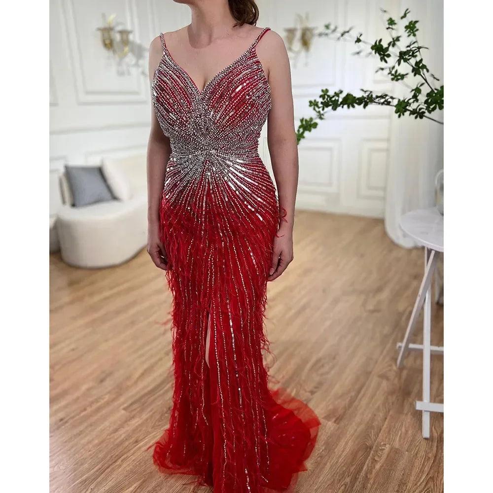 Serene Hill Arabic Black Spaghetti Strap Split Feathers Beaded Mermaid Evening Dresses Gownsfor Women Wedding Party 2024 LA70623