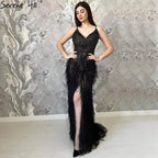 Serene Hill Arabic Black Spaghetti Strap Split Feathers Beaded Mermaid Evening Dresses Gownsfor Women Wedding Party 2024 LA70623