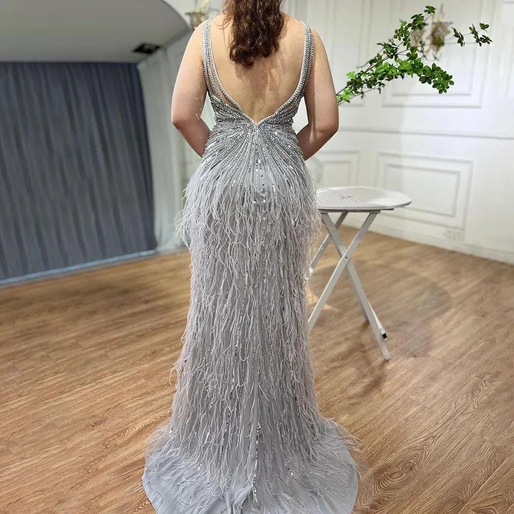Serene Hill Arabic Black Spaghetti Strap Split Feathers Beaded Mermaid Evening Dresses Gownsfor Women Wedding Party 2024 LA70623