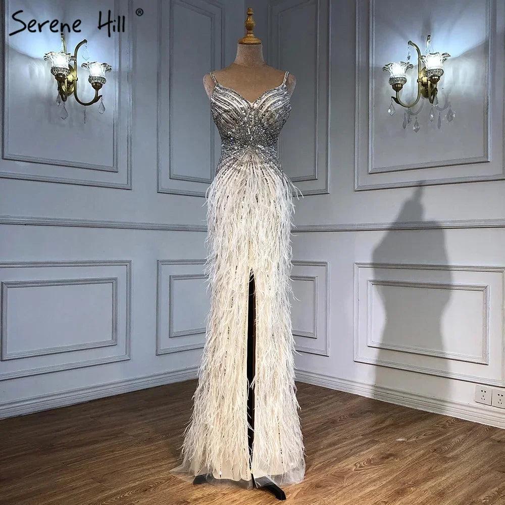 Serene Hill Arabic Black Spaghetti Strap Split Feathers Beaded Mermaid Evening Dresses Gownsfor Women Wedding Party 2024 LA70623