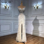 Serene Hill Arabic Black Spaghetti Strap Split Feathers Beaded Mermaid Evening Dresses Gownsfor Women Wedding Party 2024 LA70623