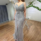 Serene Hill Arabic Black Spaghetti Strap Split Feathers Beaded Mermaid Evening Dresses Gownsfor Women Wedding Party 2024 LA70623