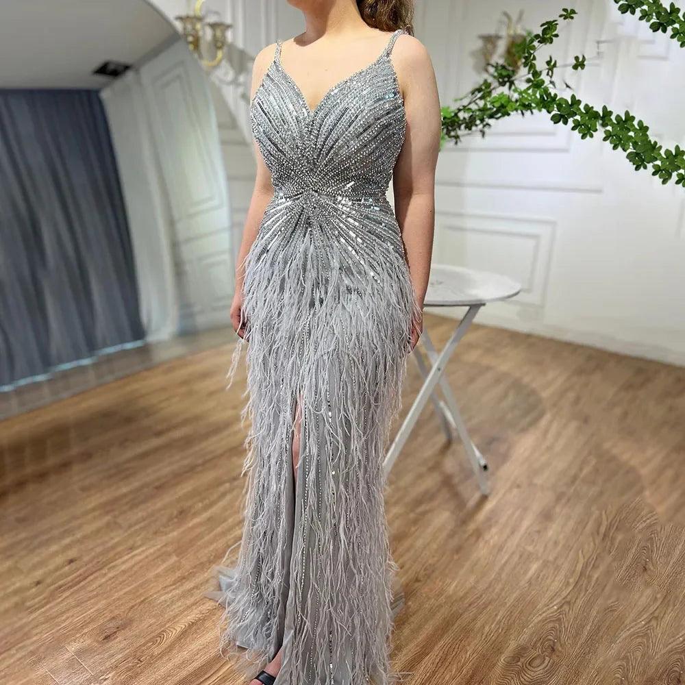 Serene Hill Arabic Black Spaghetti Strap Split Feathers Beaded Mermaid Evening Dresses Gownsfor Women Wedding Party 2024 LA70623