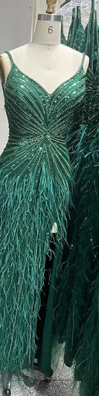 Serene Hill Arabic Black Spaghetti Strap Split Feathers Beaded Mermaid Evening Dresses Gownsfor Women Wedding Party 2024 LA70623
