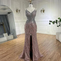 Serene Hill Arabic Black Spaghetti Strap Split Feathers Beaded Mermaid Evening Dresses Gownsfor Women Wedding Party 2024 LA70623