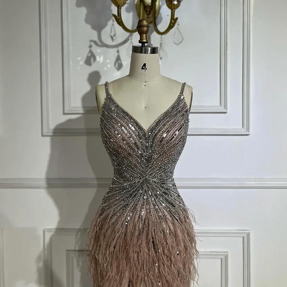 Serene Hill Arabic Black Spaghetti Strap Split Feathers Beaded Mermaid Evening Dresses Gownsfor Women Wedding Party 2024 LA70623
