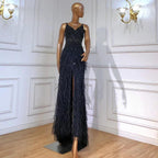 Serene Hill Arabic Black Spaghetti Strap Split Feathers Beaded Mermaid Evening Dresses Gownsfor Women Wedding Party 2024 LA70623