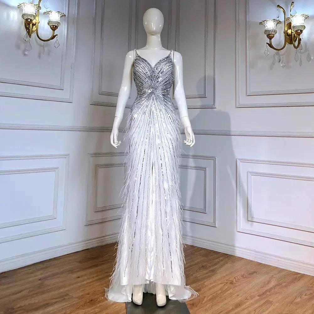 Serene Hill Arabic Black Spaghetti Strap Split Feathers Beaded Mermaid Evening Dresses Gownsfor Women Wedding Party 2024 LA70623