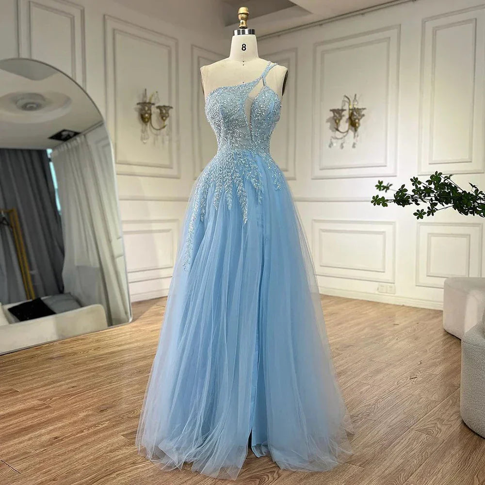 Serene Hill Blaues Spaghettiträger A-Linien One-Shoulder Ballkleid