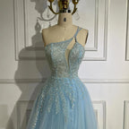 Serene Hill Blaues Spaghettiträger A-Linien One-Shoulder Ballkleid