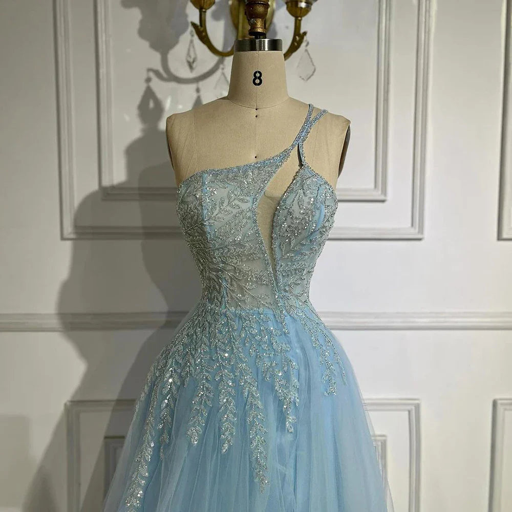 Serene Hill Blaues Spaghettiträger A-Linien One-Shoulder Ballkleid