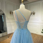 Serene Hill Blaues Spaghettiträger A-Linien One-Shoulder Ballkleid