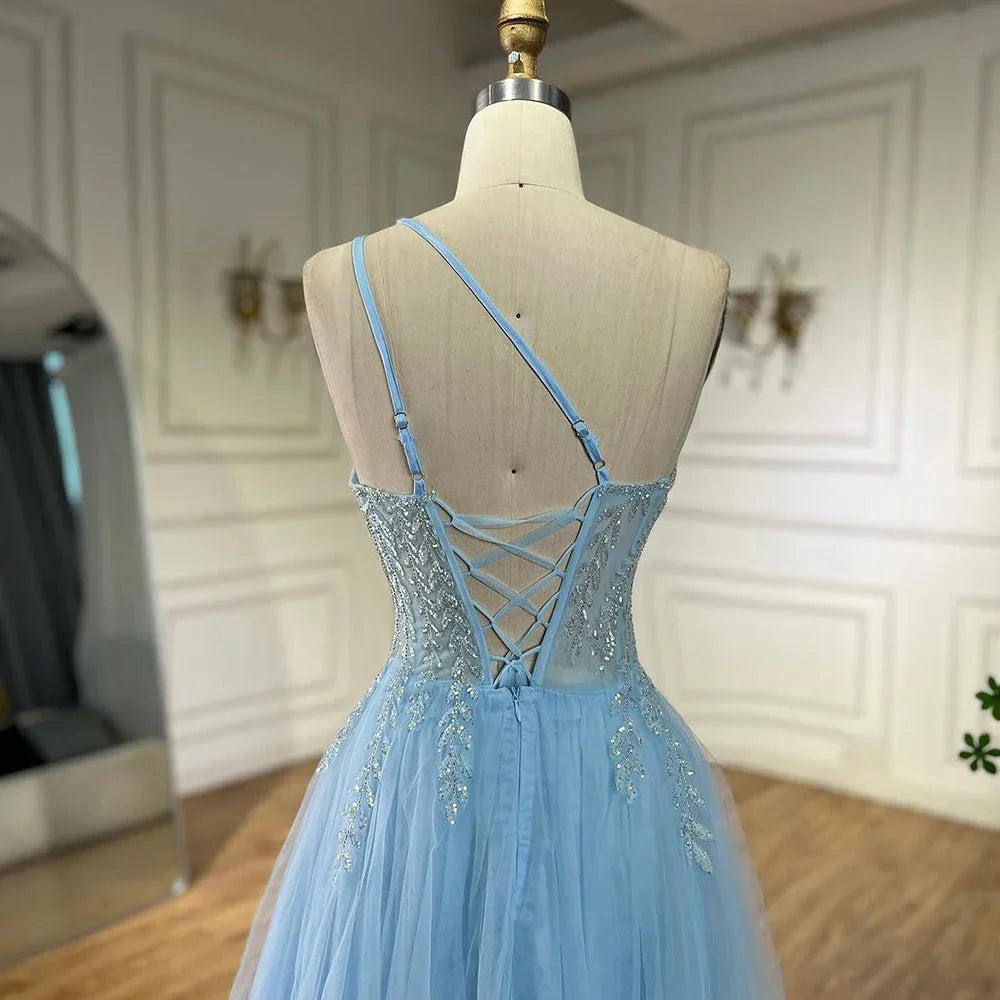 Serene Hill Blaues Spaghettiträger A-Linien One-Shoulder Ballkleid