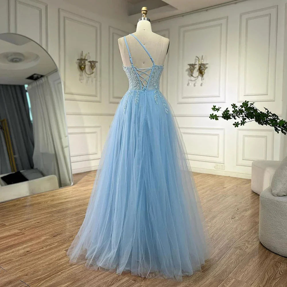 Serene Hill Blaues Spaghettiträger A-Linien One-Shoulder Ballkleid