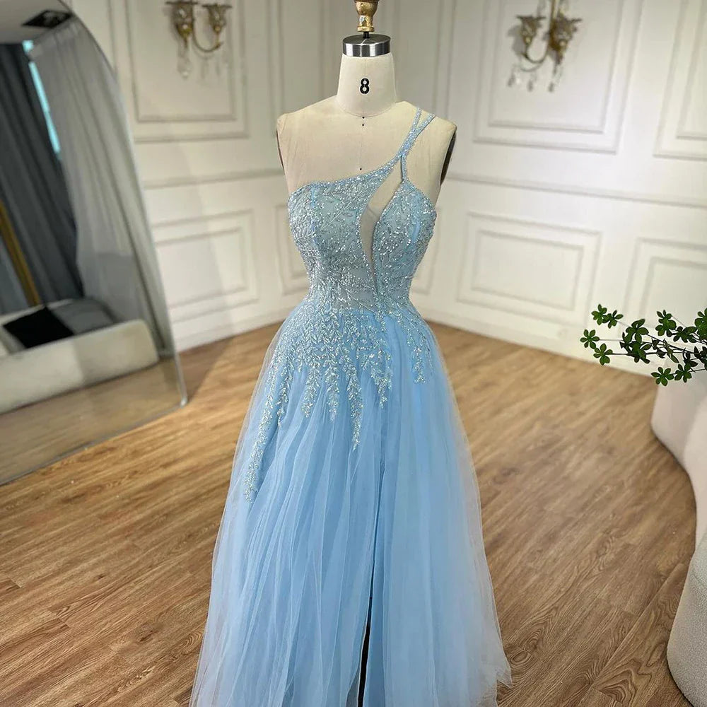 Serene Hill Blaues Spaghettiträger A-Linien One-Shoulder Ballkleid