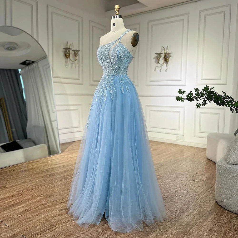 Serene Hill Blaues Spaghettiträger A-Linien One-Shoulder Ballkleid