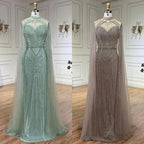 Serene Hill Arabic Caramel Elegant Cape Sleeves Mermaid Beaded Evening Dresses Long Celebrity Gowns for Woman Party LA72233A