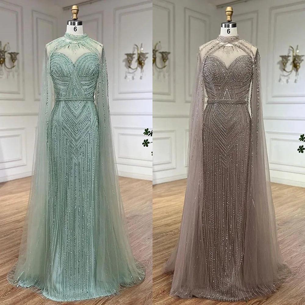 Serene Hill Arabic Caramel Elegant Cape Sleeves Mermaid Beaded Evening Dresses Long Celebrity Gowns for Woman Party LA72233A