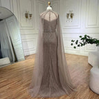 Serene Hill Arabic Caramel Elegant Cape Sleeves Mermaid Beaded Evening Dresses Long Celebrity Gowns for Woman Party LA72233A