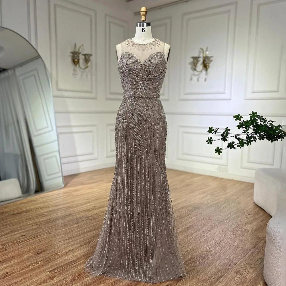 Serene Hill Arabic Caramel Elegant Cape Sleeves Mermaid Beaded Evening Dresses Long Celebrity Gowns for Woman Party LA72233A