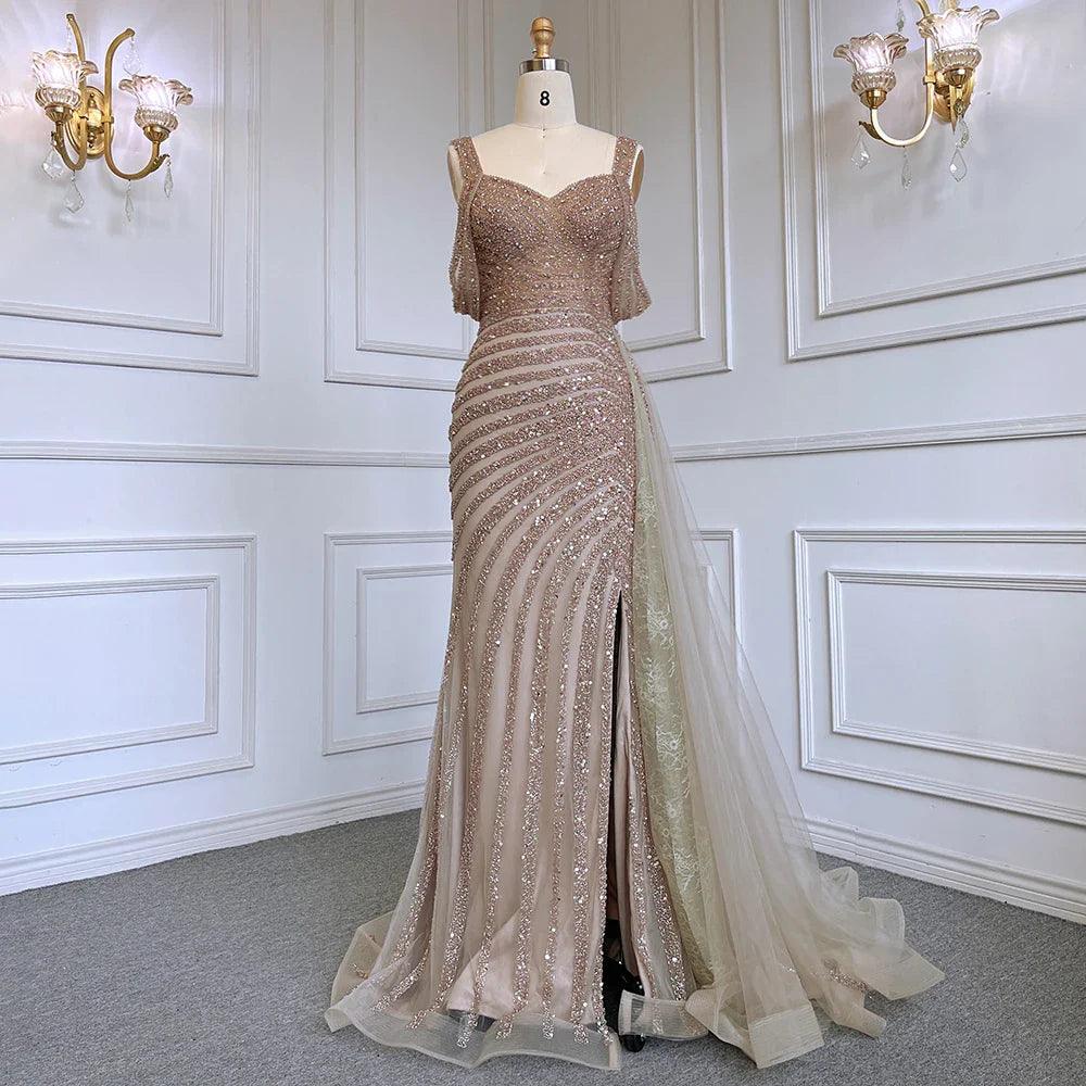 Serene Hill Arabic Caramel Mermaid High Split Elegant Beaded Luxury Evening Dresses Gowns 2024 For Woman Party LA71679
