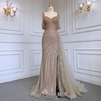 Serene Hill Arabic Caramel Mermaid High Split Elegant Beaded Luxury Evening Dresses Gowns 2024 For Woman Party LA71679