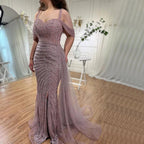 Serene Hill Arabic Caramel Mermaid High Split Elegant Beaded Luxury Evening Dresses Gowns 2024 For Woman Party LA71679