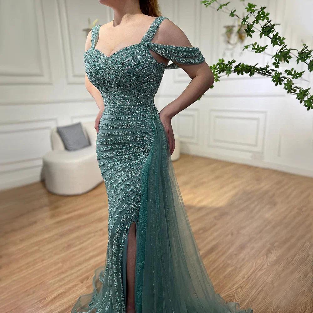 Serene Hill Arabic Caramel Mermaid High Split Elegant Beaded Luxury Evening Dresses Gowns 2024 For Woman Party LA71679