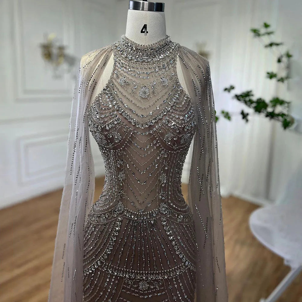 Vestido de noche de lujo sirena con cuentas color caramelo de Dubái y mangas de capa