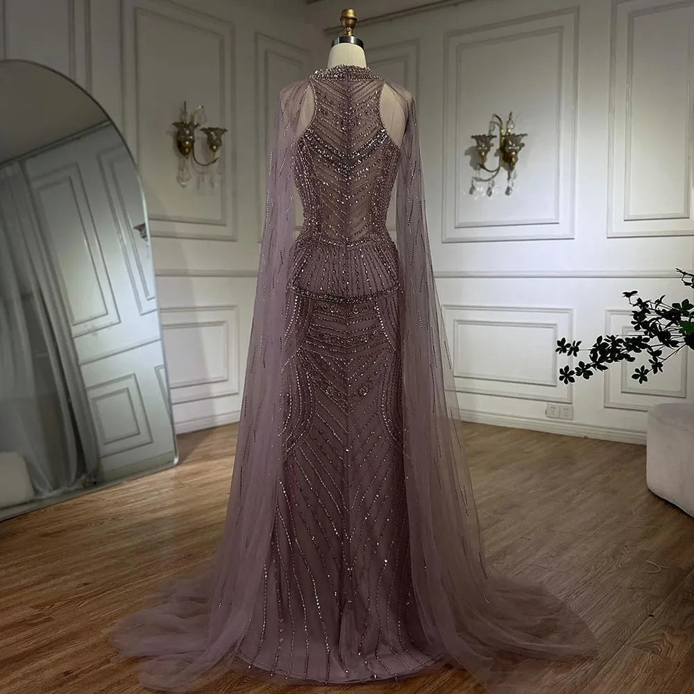 Vestido de noche de lujo sirena con cuentas color caramelo de Dubái y mangas de capa