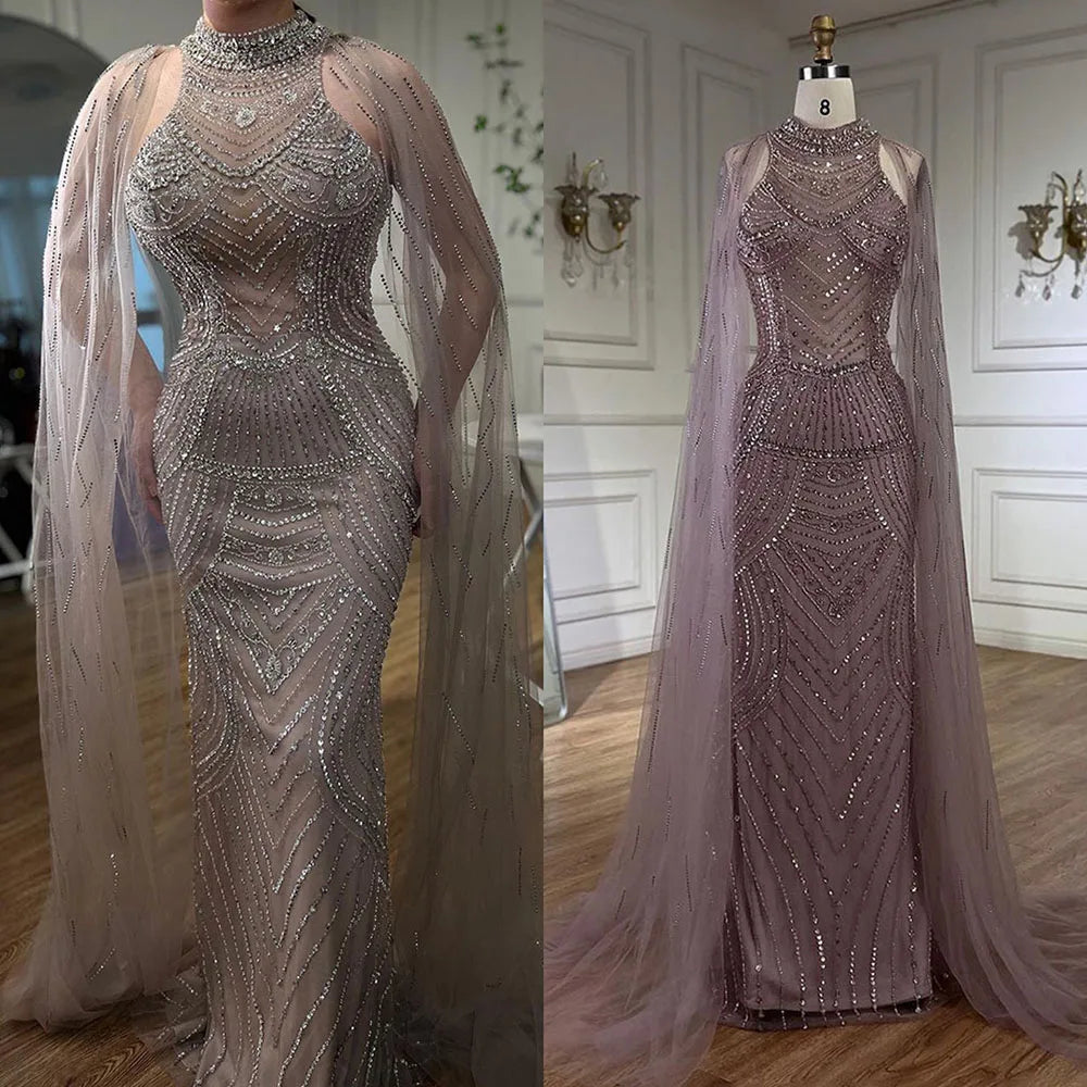 Luxuriöses Dubai Karamellperlen Meerjungfrauen-Abendkleid mit Cape-Ärmeln