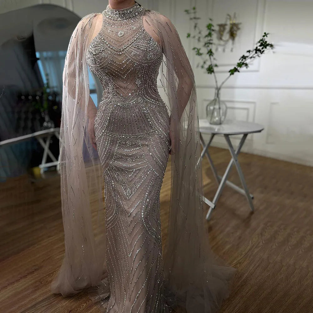 Vestido de noche de lujo sirena con cuentas color caramelo de Dubái y mangas de capa