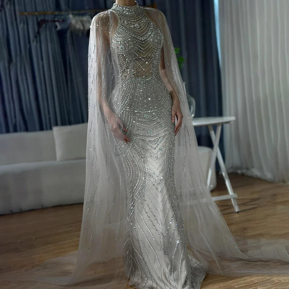 Vestido de noche de lujo sirena con cuentas color caramelo de Dubái y mangas de capa