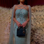 Serene Hill Arabic Luxury   Dubai Mermaid Blue Cape Sleeves Beaded Evening Dresses Gowns 2024 For Women Party LA71905