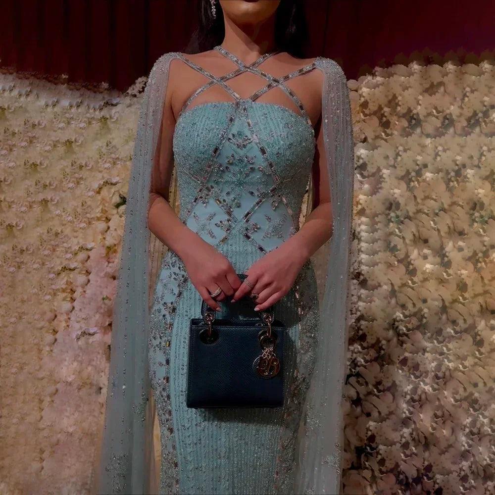 Serene Hill Arabic Luxury   Dubai Mermaid Blue Cape Sleeves Beaded Evening Dresses Gowns 2024 For Women Party LA71905