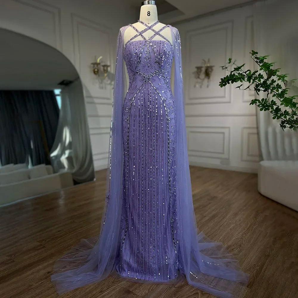 Serene Hill Arabic Luxury   Dubai Mermaid Blue Cape Sleeves Beaded Evening Dresses Gowns 2024 For Women Party LA71905