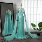 Serene Hill Arabic Luxury   Dubai Mermaid Blue Cape Sleeves Beaded Evening Dresses Gowns 2024 For Women Party LA71905