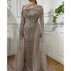 Serene Hill Arabic Luxury   Dubai Mermaid Blue Cape Sleeves Beaded Evening Dresses Gowns 2024 For Women Party LA71905