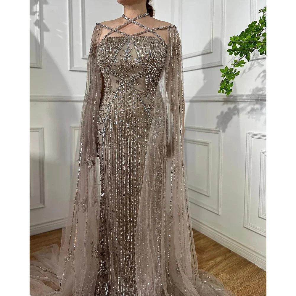 Serene Hill Arabic Luxury   Dubai Mermaid Blue Cape Sleeves Beaded Evening Dresses Gowns 2024 For Women Party LA71905