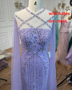 Serene Hill Arabic Luxury   Dubai Mermaid Blue Cape Sleeves Beaded Evening Dresses Gowns 2024 For Women Party LA71905