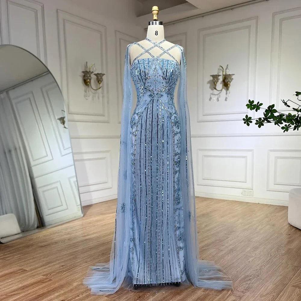 Serene Hill Arabic Luxury   Dubai Mermaid Blue Cape Sleeves Beaded Evening Dresses Gowns 2024 For Women Party LA71905
