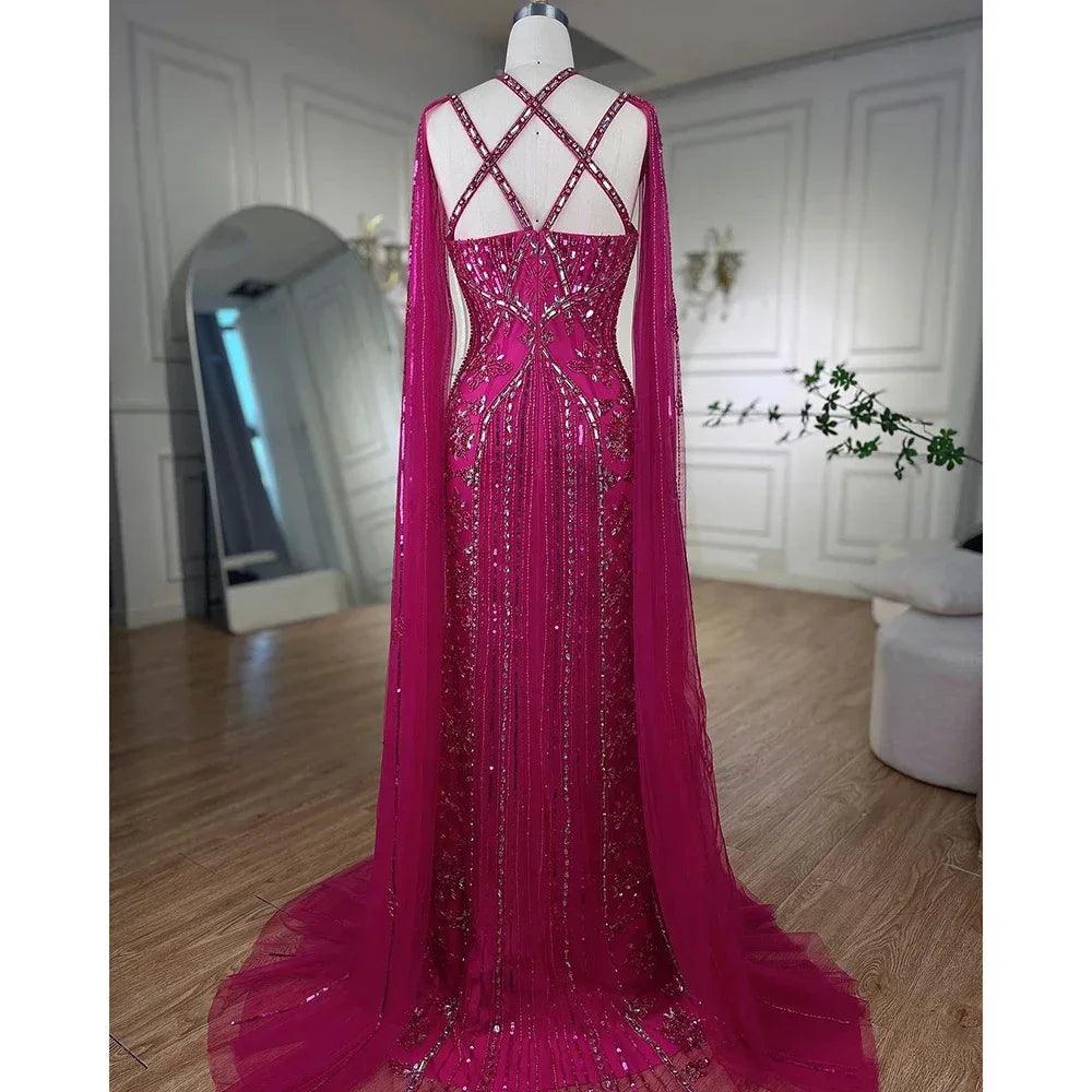 Serene Hill Arabic Luxury   Dubai Mermaid Blue Cape Sleeves Beaded Evening Dresses Gowns 2024 For Women Party LA71905