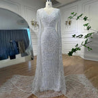 Serene Hill Arabic White Luxury Pearls Beaded Mermaid Cape Sleeves Evening Gowns For Women Wedding Party LA72160