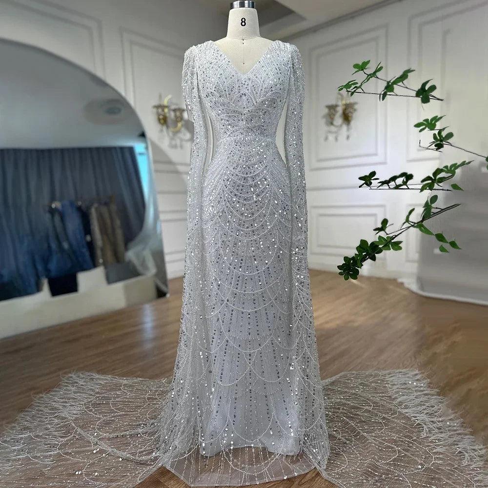 Serene Hill Arabic White Luxury Pearls Beaded Mermaid Cape Sleeves Evening Gowns For Women Wedding Party LA72160