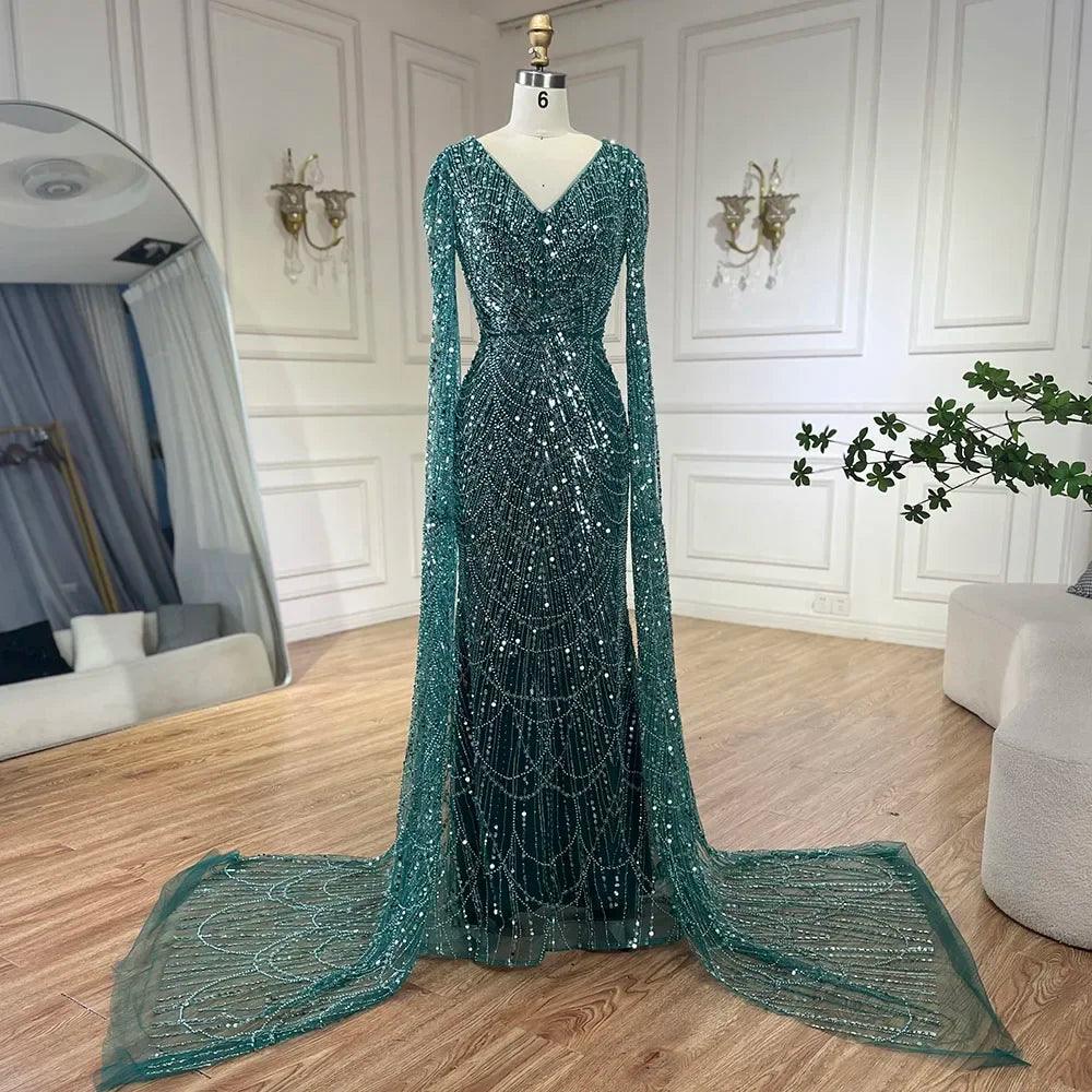 Serene Hill Arabic White Luxury Pearls Beaded Mermaid Cape Sleeves Evening Gowns For Women Wedding Party LA72160