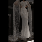 Serene Hill Arabic White Luxury Pearls Beaded Mermaid Cape Sleeves Evening Gowns For Women Wedding Party LA72160