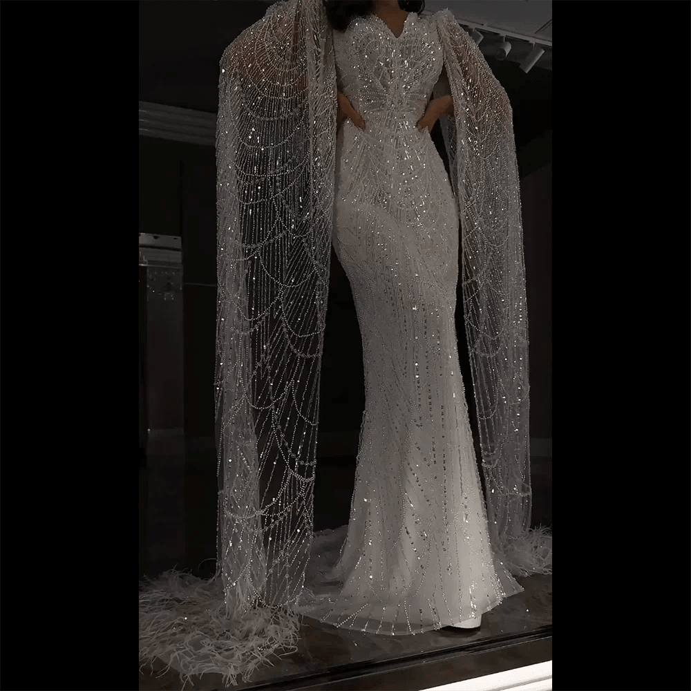 Serene Hill Arabic White Luxury Pearls Beaded Mermaid Cape Sleeves Evening Gowns For Women Wedding Party LA72160