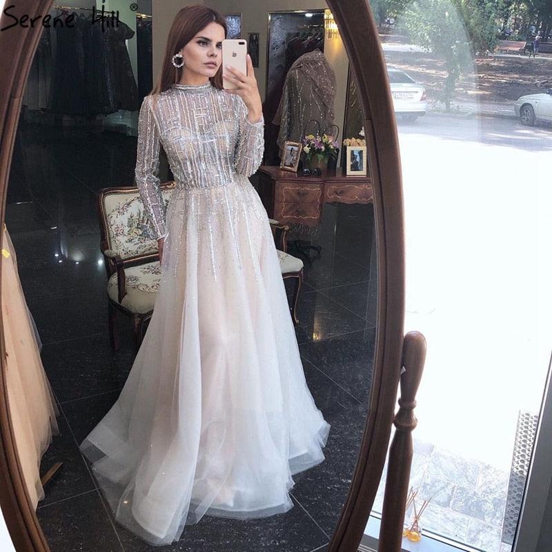 Serene Hill Beading Muslim Long Sleeeves High Co Silver Luxury Evening Dresses Gowns 2024 A-Line Crystal For Women Party LA70514