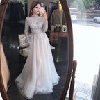 Serene Hill Beading Muslim Long Sleeeves High Co Silver Luxury Evening Dresses Gowns 2024 A-Line Crystal For Women Party LA70514