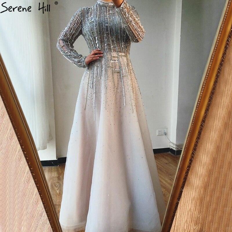 Serene Hill Beading Muslim Long Sleeeves High Co Silver Luxury Evening Dresses Gowns 2024 A-Line Crystal For Women Party LA70514
